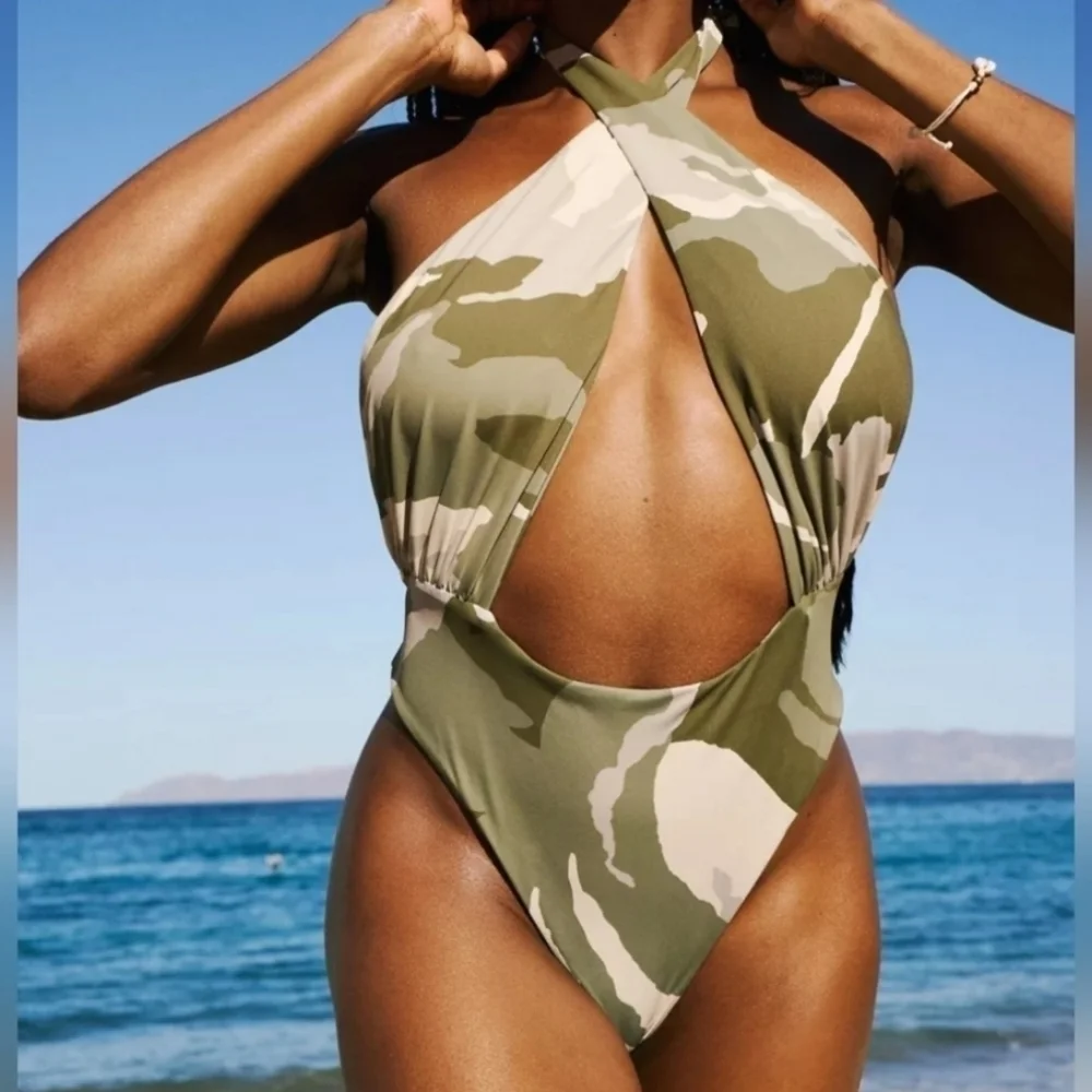 Out From Under Lucia Printed Wrap One Piece Cut Our Swimsuit in Camo Sz Med NWT